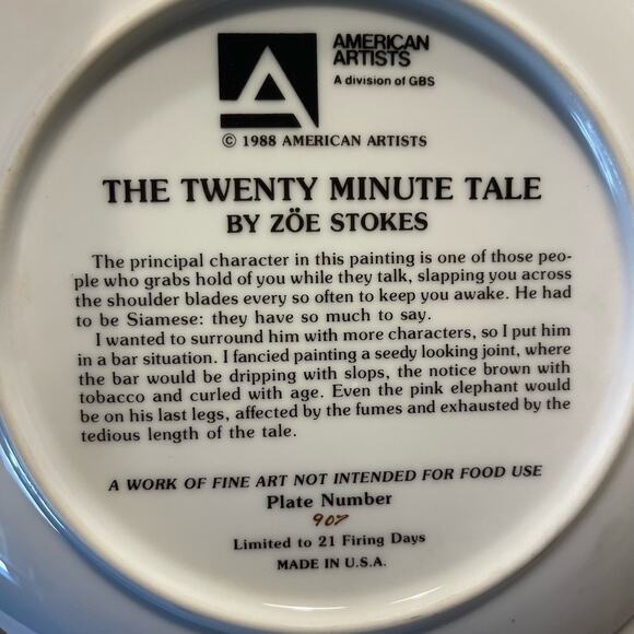 ZOE'S CATS Zoe Stokes THE TWENTY MINUTE TALE Cat Decorative Plate 8” - Picture 4 of 4